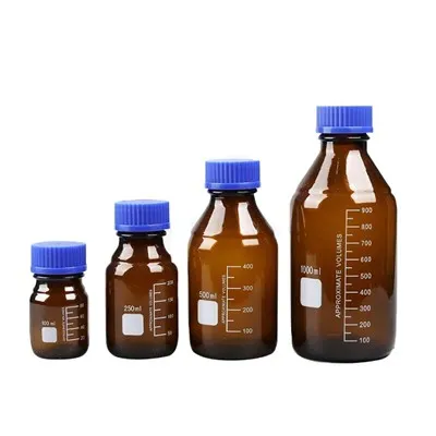 زجاجة وسائط من زجاج كهرمان البورسليكات مع غطاء لولبي بلاستيكي أزرق